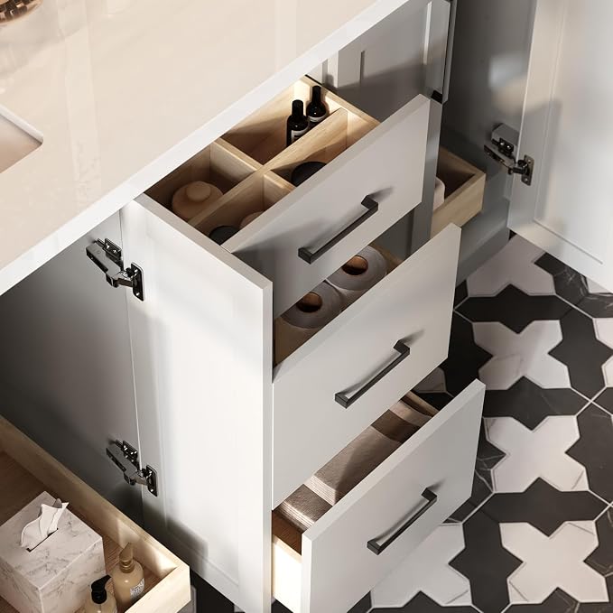 ARIEL Loren 60-inch Bathroom Vanity with Sink,Solid Wood, 1.5-inch Pure White Quartz Countertop, Double Rectangular Porcelain Sink, 4 Soft Closing Doors, 3 Dovetail Drawers, Grey