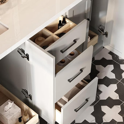 ARIEL Loren 60-inch Bathroom Vanity with Sink,Solid Wood, 1.5-inch Pure White Quartz Countertop, Double Rectangular Porcelain Sink, 4 Soft Closing Doors, 3 Dovetail Drawers, Grey
