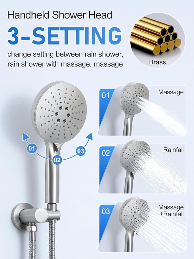 Woindo Shower Faucet Set 10" Rain Shower Head/8'' Side Shower Head and 3 Setting Handheld Ceiling Mount 3 Push Button Diverter Complete Rainfall Round Shower System Included Valve Trim Kit