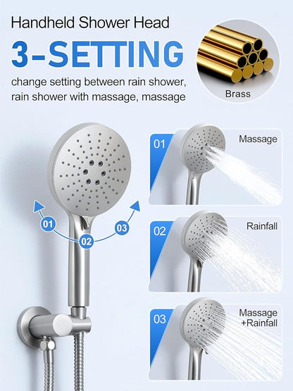 Woindo Shower Faucet Set 10" Rain Shower Head/8'' Side Shower Head and 3 Setting Handheld Ceiling Mount 3 Push Button Diverter Complete Rainfall Round Shower System Included Valve Trim Kit
