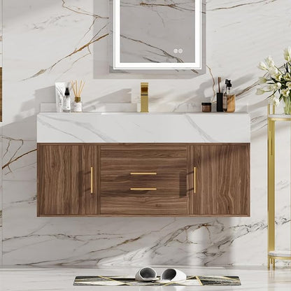 homary 39.4" Bathroom Vanity with Sink-Modern Bathroom Floating Vanity with Sintered Stone Countertop and 2 Drawers 2 Storage Cabinets, Undercounter Ceramic Sink, Walnut