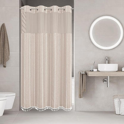 eachope No Hook Stall Shower Curtain with Snap-in Fabric Liner - 54x80 Heavy-Duty Linen Textured Striped Design,Narrow Rustic Modern Farmhouse Bohemian Bathroom Curtain,Water-Repellent,Tan/Taupe | 330GSM Heavy-Duty Linen Textured Striped Design,Narrow ...