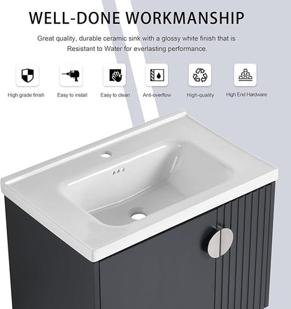 28 Inch Bathroom Vanity with Sink, 28" Floating Vanity with White Glossy Ceramic Sink, Plywood Wooden Bathroom Cabinet with Soft-Close Doors, Modern Wall Mounted Cabinet Set (Blue Black)