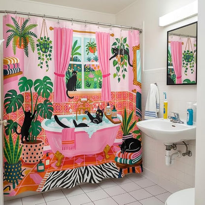 Accnicc Funny Cat Shower Curtain for Bathroom 72 X 78 Inches | Boho Cute Fun Black Cats Long Shower Curtains, Tropical Plant Pink Bathroom Decor, Water-Resistant Washable Polyester Fabric