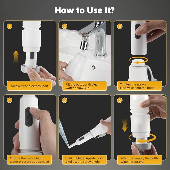 Hibbent Portable Bidet for Travel, High Pressure Electric Handheld Bidet Sprayer, 350-550ML Expandable Bottle for Personal Hygiene, USB-C Rechargeable Waterproof, Travel Sprayer for Women & Men, White