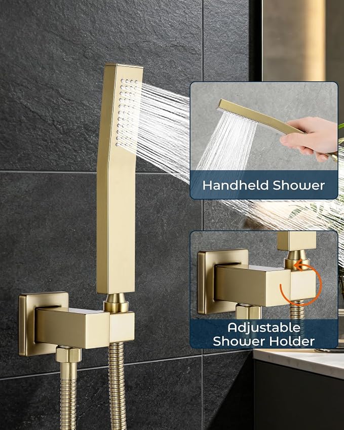 Rain Shower Faucet Set, 10" Top + 6" Side Head, Brushed Gold | 3-head set w/ valve, SUS304 anti-freeze, 6 spray modes, self-clean nozzles