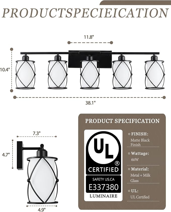 5-Light Matte Black Bathroom Light Fixtures Over Mirror, 38" UL-Listed Modern Farmhouse Wall Sconce Lights with Milk White Frosted Glass and Metal Cage for Bath, E26, CH9176BKW-5W
