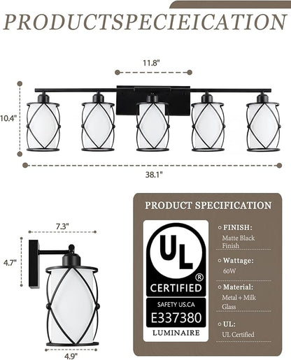 5-Light Matte Black Bathroom Light Fixtures Over Mirror, 38" UL-Listed Modern Farmhouse Wall Sconce Lights with Milk White Frosted Glass and Metal Cage for Bath, E26, CH9176BKW-5W