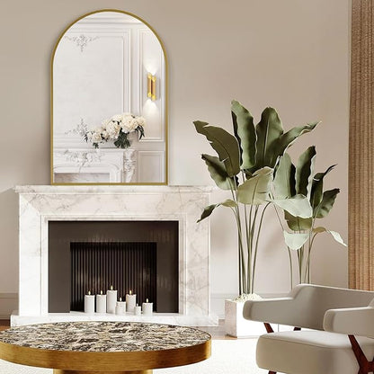 Gold Arched Mirror 30x40in, Metal Framed Bathroom Vanity Wall | Tempered Glass, Shatter Proof, Living Room Bedroom Entryway, Modern Elegant Design