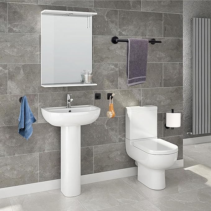 TocTen Bathroom Hardware Set, Thick Stainless Steel Bath Towel Bar Set Including Towel Rack for Bathroom+Toilet Paper Holder+3 Robe Towel Hooks Wall Mount Bathroom Accessory Set(16IN,Matte Black)