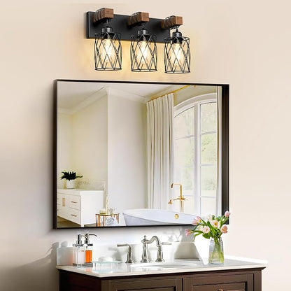 IZORRO Farmhouse Bathroom Vanity Light, 3-Light Wood Bathroom Light Fixtures Over Mirror, Black Industrial Vanity Lights with Metal Shade, Rustic Restroom Lighting Fixtures