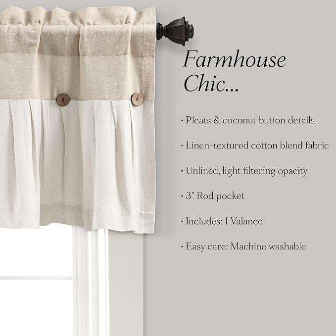 Lush Decor Linen Button Farmhouse Valance Curtians 84"W x 18"L Linen - Linen Valances For Windows - Kitchen Curtains Valances - Bathroom Curtain