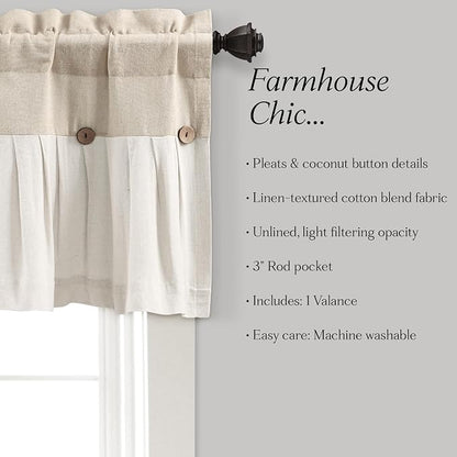 Lush Decor Linen Button Farmhouse Valance Curtians 84"W x 18"L Linen - Linen Valances For Windows - Kitchen Curtains Valances - Bathroom Curtain