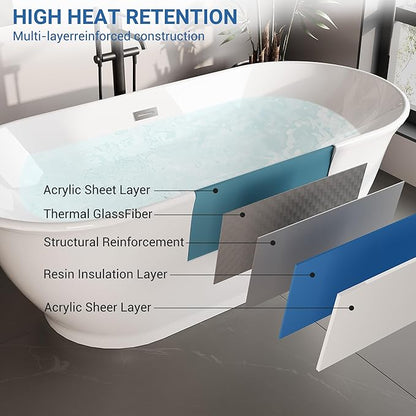 59" Oval Freestanding Bathtub, Acrylic Soaking Tub with Overflow, Matte Silver Drain, Modern Stand Alone Tub, Deep Free Standing Bath Tub for Bathroom, Hotel, Easy Install, CUPC Certified, White