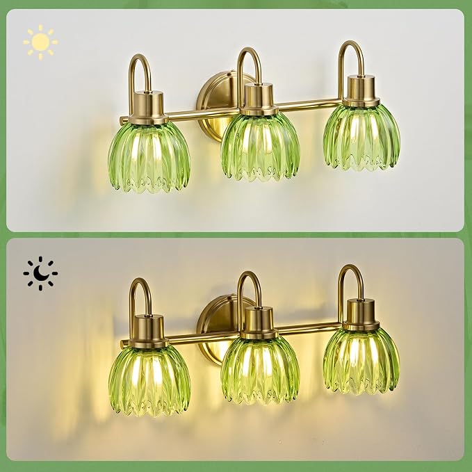 Gold Bathroom Light Fixtures, 20 Inch Vintage Vanity Lights for Bathroom, 3-Light Modern Vanity Lights with Ribbed Green Tulip Glass Shade, Wall Lamp for Mirror Living Room Hallway