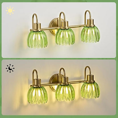 Gold Bathroom Light Fixtures, 20 Inch Vintage Vanity Lights for Bathroom, 3-Light Modern Vanity Lights with Ribbed Green Tulip Glass Shade, Wall Lamp for Mirror Living Room Hallway