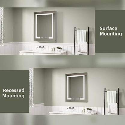 LED Medicine Cabinet Mirror, 24x30 Inch Bathroom Storage, Recessed/Wall Mount, Plug-in/Hardwired, 3 Color Dimmable Light, Anti-Fog, Time Temp Display, Right Hinge