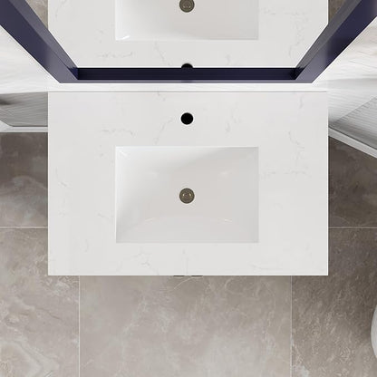 Eviva London 30 in. Blue Single Sink Bath Vanity with Carrara Quartz Top and Undermount Porcelain Sink