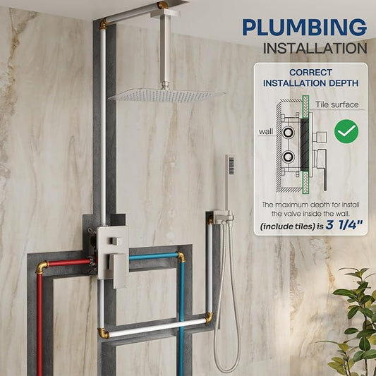 Ceiling Mount Shower Faucet Set, Shower System with 10-Inch Rain Showerhead and Handheld Spray Combo, High-Pressure Showerheads Set with Valve and Trim Kit, Brushed Nickel