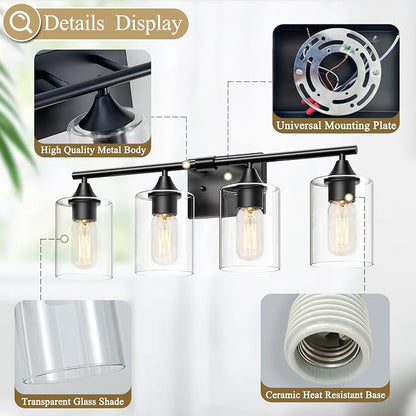 4-Light Bathroom Light Fixtures,Black Bathroom Vanity Light,Bathroom Lights Over Mirror with Clear Glass Shade,Modern Sconce Wall Lighting for Mirror Bedroom Vanity Hallway