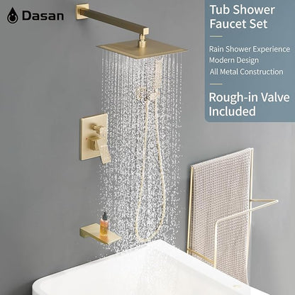 DASAN Tub Shower Faucets Sets Complete Brushed Gold Bathtub Shower System with Waterfall Tub Spout, Bathtub Faucet Set Tub and Shower Faucet Combo Trim Kit with Valve, DA-SS04BG-S10W