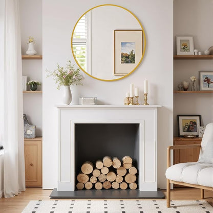 Round Wall Mirror 24 Inch Gold Vanity Mirror with Metal Frame | Modern Circle Wall Mounted Decorative Mirrors for Bathroom, Entryway, Bedroom, Living Room