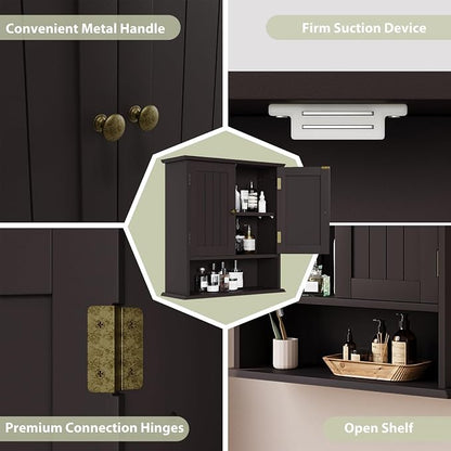 Smuxee Brown Bathroom Cabinet Wall Mounted, Small Medicine Cabinet with 2 Door Adjustable Shelves, Wall Cabinet Over Toilet for Laundry Room Kitchen