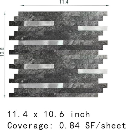 KASARO Peel and Stick Marble Backsplash Tile, 10 Sheets, Black Marble with Silver Embellished Stripes, Self-Adhesive Wall Tile for Kitchen, Bathroom, Fireplace, RV (11.4” x 10.6”)