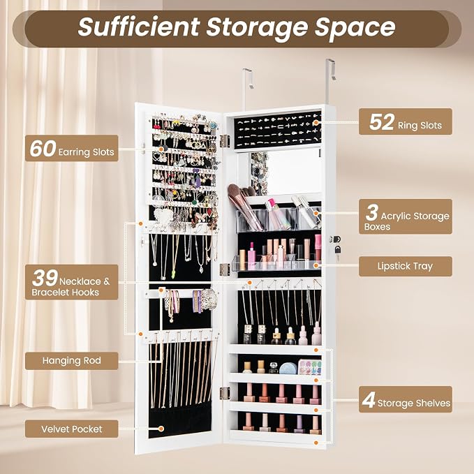 CHARMAID Jewelry Cabinet Wall or Door Mounted, Hanging Lockable Jewelry Armoire Storage with Full Length Mirror, Interior Makeup Mirror, Over the Door Jewelry Organizer Box with Mirror (White)