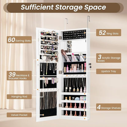 CHARMAID Jewelry Cabinet Wall or Door Mounted, Hanging Lockable Jewelry Armoire Storage with Full Length Mirror, Interior Makeup Mirror, Over the Door Jewelry Organizer Box with Mirror (White)