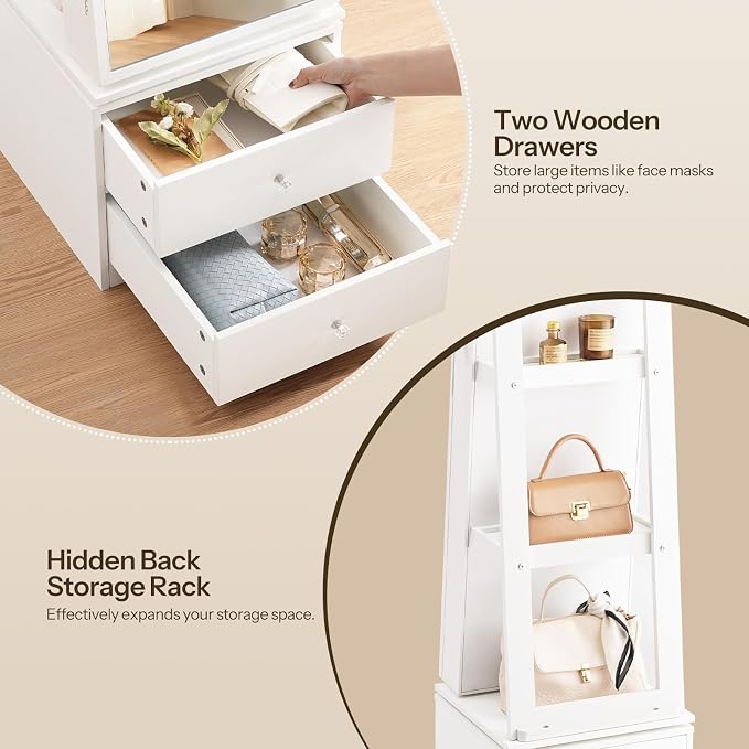 HOOBRO 360° Swivel Jewelry Cabinet with LED Lights, Standing Jewelry Armoire with 2 Drawers, Rotatable Full-Length Mirror Jewelry Organizer, Lockable Jewelry Storage Cabinet Makeup Brush Boxes, White