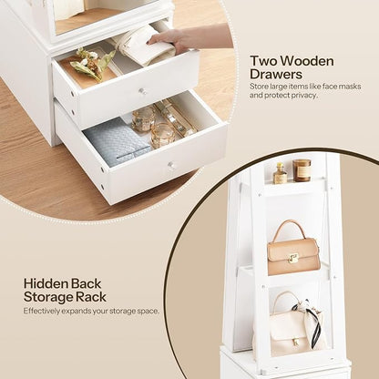 HOOBRO 360° Swivel Jewelry Cabinet with LED Lights, Standing Jewelry Armoire with 2 Drawers, Rotatable Full-Length Mirror Jewelry Organizer, Lockable Jewelry Storage Cabinet Makeup Brush Boxes, White