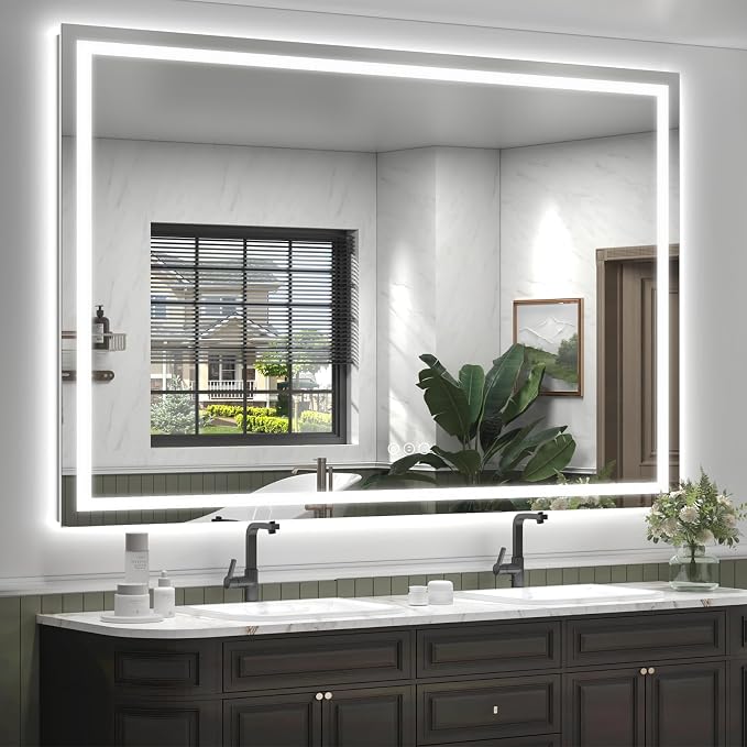 66x48 LED Lighted Bathroom Mirror for Vanity Wall | Front Light and Backlit, Anti-Fog, Memory, 3 Color, Tempered Glass, Dimmable, Rectangular, UL, Horizontal/ Vertical Mounted