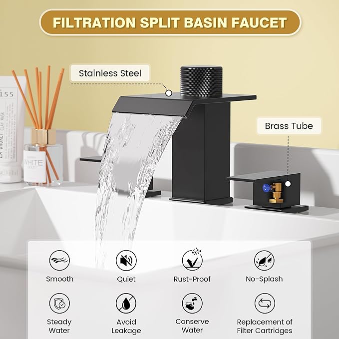 Bathroom Faucet 3 Hole, Black Bathroom Sink Faucet with Filter, 8 Inch Widespread Waterfall Bathroom Faucet with Metal Pop-Up Drain and Supply Hoses, Perfect for Vanity, Restroom, Sink, Rv