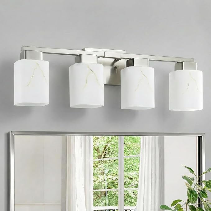 4-Light Square Bathroom Light Fixture, Brushed Nickel Modern Vanity Light with White Marble Glass Shade, for Bathroom Mirror, Living Room, Bedroom, Hallway, E26 Base