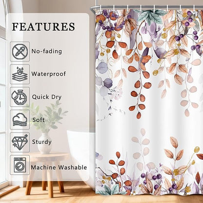 Small Stall Eucalyptus Shower Curtain, Orange Terracotta Color Watercolor Plants Foliage Bathroom Decor, Botanical Cottagecore Waterproof Fabric Narrow Shower Curtain with Hooks 47X64 Inch