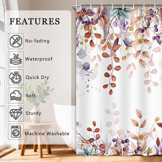 Orange Eucalyptus Shower Curtain, Watercolor Botanical Foliage Floral Terracotta Color Bathroom Curtains, Plants Leaves Waterproof Fabric Cloth Shower Curtain Set with Hooks 60X72 Inch