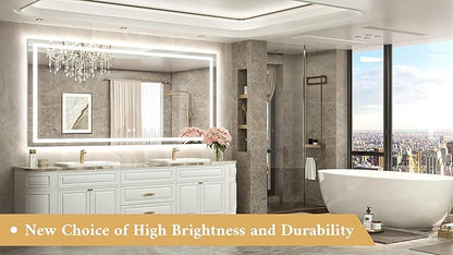 TETOTE 72 x 36 LED Bathroom Mirror with Lights, Brighter Front and Backlit Led Lighted Vanity Mirror Wall Mounted, 3-Color Dimmable Light up Anti Fog Mirror, Waterproof, Shatterproof Tempered Glass