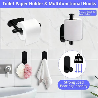 Bathroom Hardware Set, 16" Bathroom Towel Holder with Toilet Paper Holder, Towel Ring, Towel Hook, Bathroom Accessories for Kitchens, Laundry Rooms (5, Black)