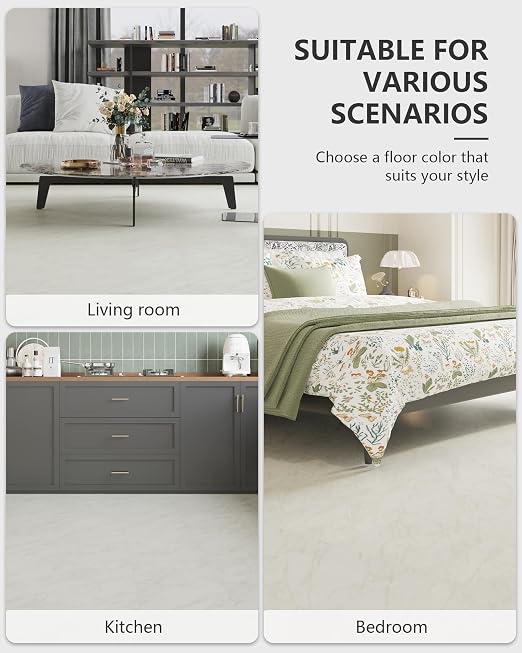 12" x 12" Peel and Stick Floor Tile, 10 Tiles Water-Resistant Vinyl Flooring, Grayish White Marble Peel and Stick Tile for Kitchen, Bedroom, Self Adhesive DIY Floor Tiles