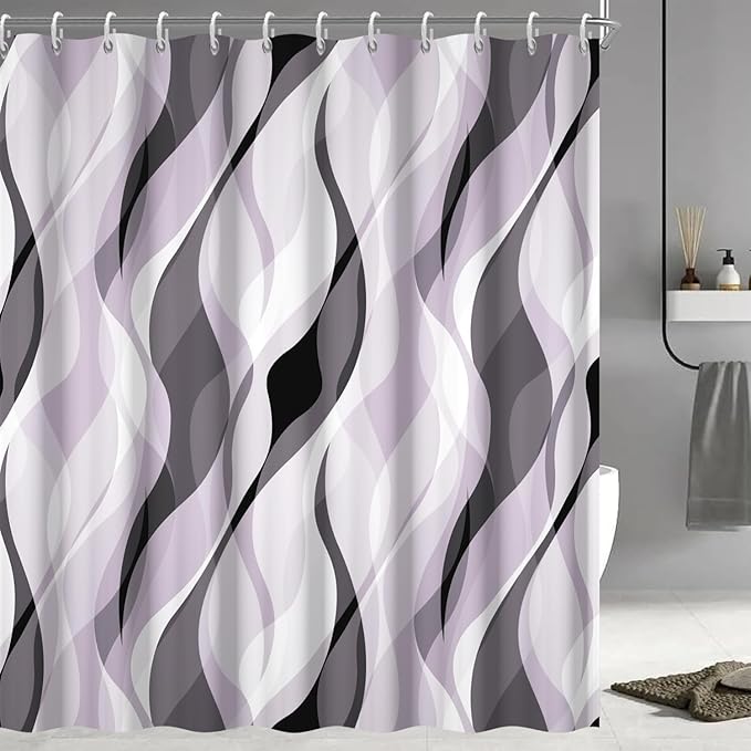 Lavender Shower Curtain, Modern Purple and Grey Striped Shower Curtain Set for Bathroom Waterproof Polyester Shower Curtain with Hooks, 72x84 Inch