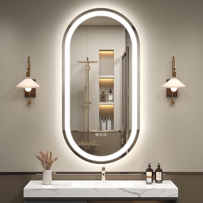 OKPAL 40x20 Oval Lighted Bathroom Mirror, LED Bathroom Mirror with Lights, Lighted Vanity Bathroom Mirror, Anti-Fog, Shatter-Proof, Dimmable, Memory, 3 Colors (Front Lights + Backlit)