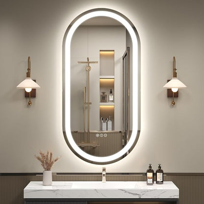 OKPAL 40x20 Oval Lighted Bathroom Mirror, LED Bathroom Mirror with Lights, Lighted Vanity Bathroom Mirror, Anti-Fog, Shatter-Proof, Dimmable, Memory, 3 Colors (Front Lights + Backlit)