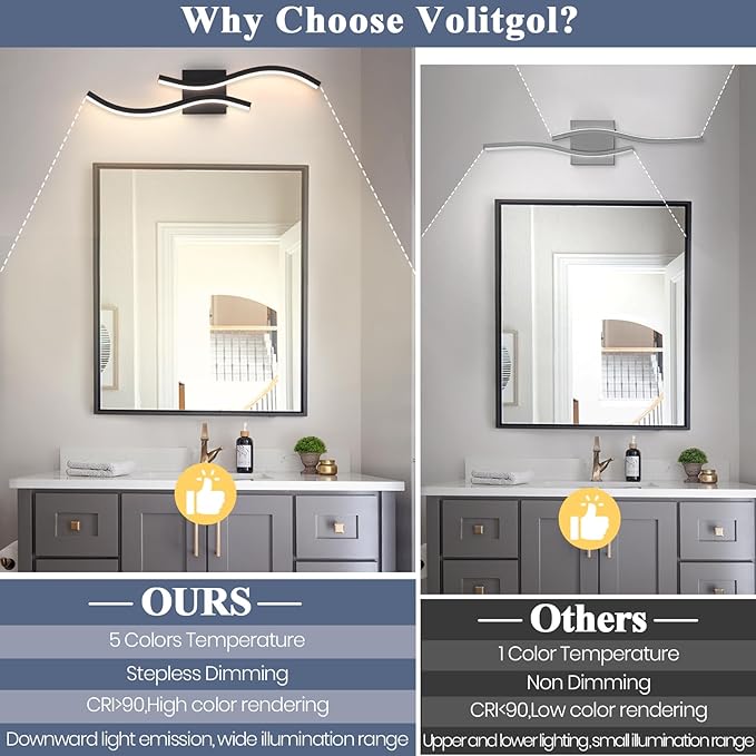 Bathroom Vanity Light Fixture, 26W 5CCT Dimmable Modern Led Bathroom Light Fixtures Over Mirror, LED Vanity Lighting Bar for Bathrooms (Black, 24inch)