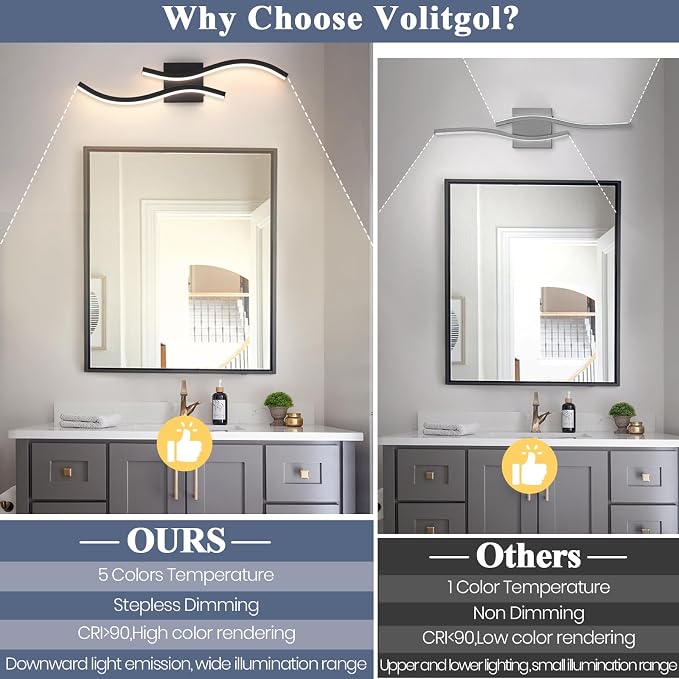 2 Packs Bathroom Vanity Light Fixture, 24in 5CCT Dimmable Modern Led Bathroom Light Fixtures Over Mirror, 26W Black LED Vanity Lighting Bar for Bathroom (Black,2 Packs, 24inch)