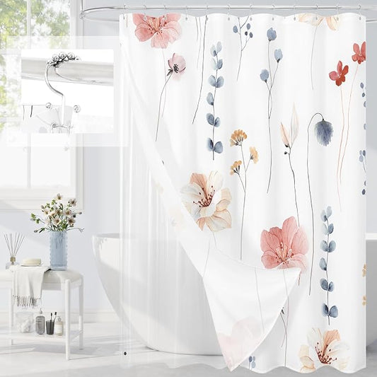 Long 3 in 1 Shower Curtain Set, 72x78 | Long 3 in 1 Shower Curtain Set, PEVA Liner Set & 12 Double Sided Steel Hooks, Waterproof Fabric Bathroom Curtain