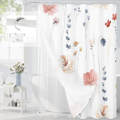 Extra Long 3 in 1 Shower Curtain Set, 72x84 | Extra Long 3 in 1 Shower Curtain Set, PEVA Liner Set & 12 Double Sided Steel Hooks, Waterproof Fabric Bathroom Curtain
