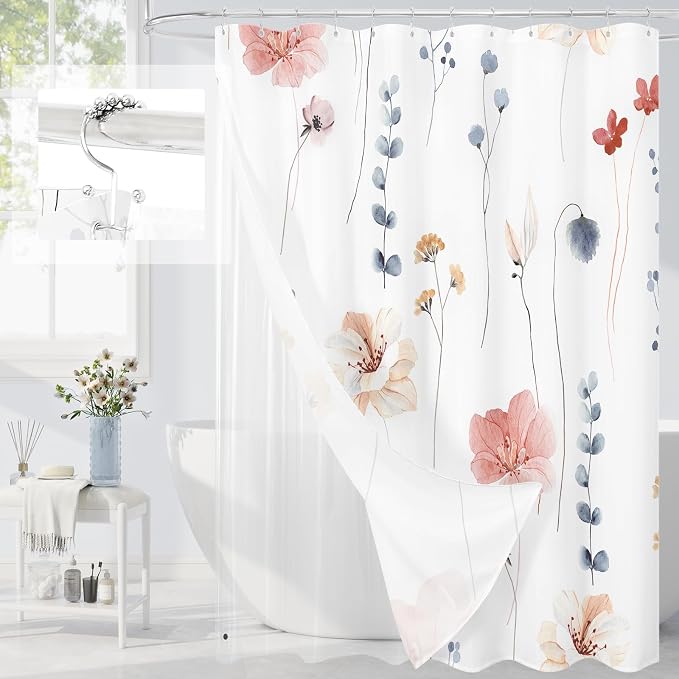 3 in 1 Coral Watercolor Floral Shower Curtain Liner Set, 72x72 | 3 in 1 Shower Curtain Set, PEVA Liner& 12 Double Sided Steel Hooks, Waterproof Fabric Bathroom Curtain