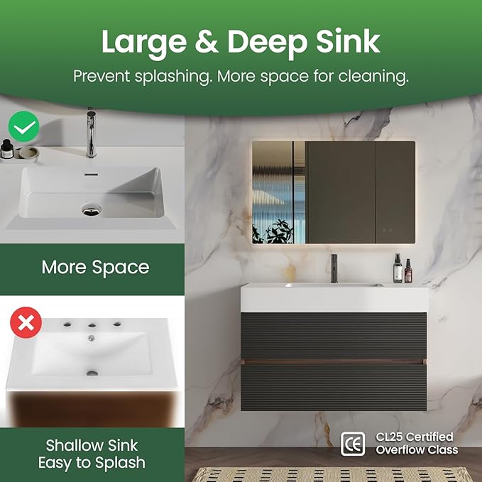36 Inch Bathroom Vanity with Sink, Floating Bathroom Cabinet with 2 Soft-Closing Drawers, Large Storage for Small Bathroom, Apartment, Hotel, Walnut+Black, White Sink