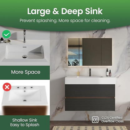 36 Inch Bathroom Vanity with Sink, Floating Bathroom Cabinet with 2 Soft-Closing Drawers, Large Storage for Small Bathroom, Apartment, Hotel, Walnut+Black, White Sink